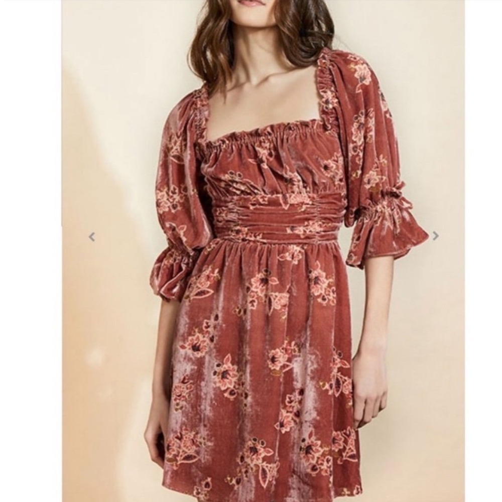 Hutch Crushed Velvet Burnout Leland Floral Smocked Mini Dress Boho Square Large